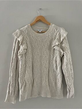 Crown & Ivy Cream Cable Knit Ruffle Shoulder Sweater